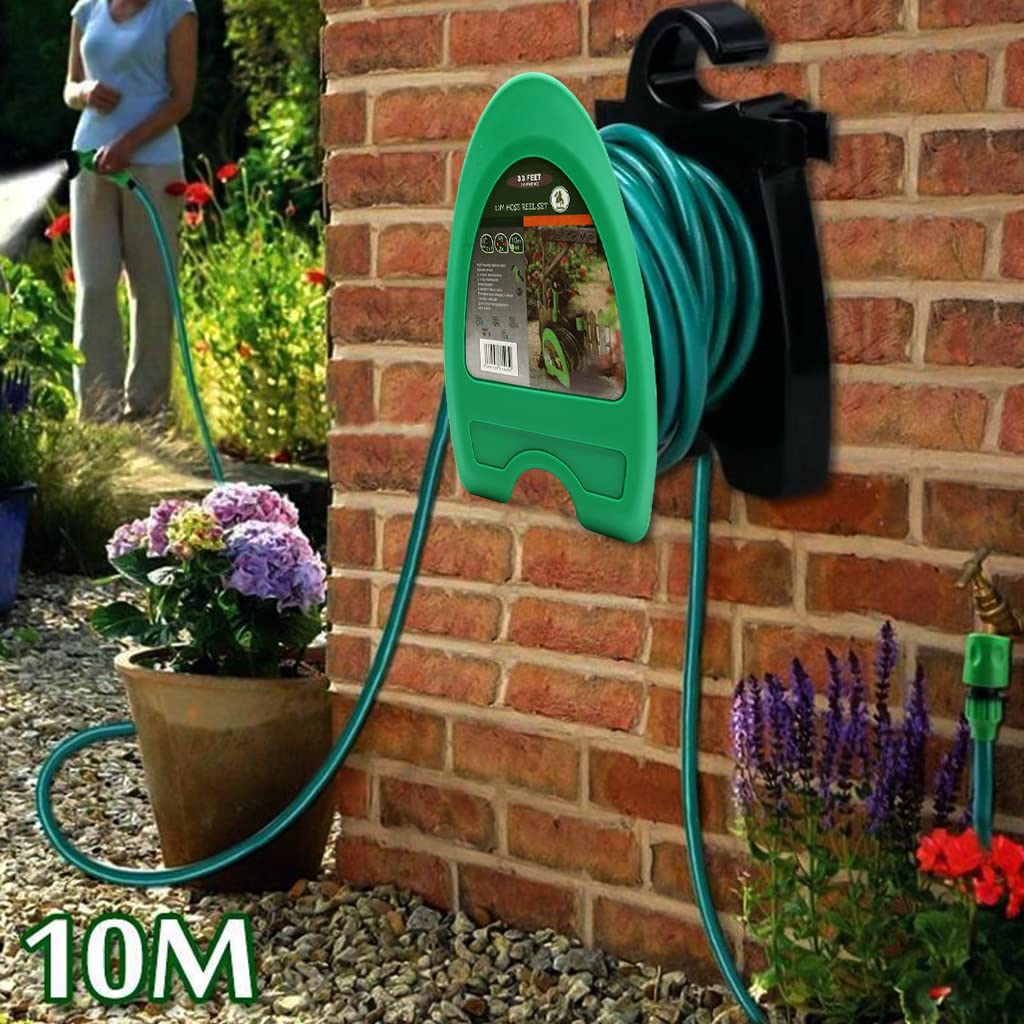 Optifit 10m Garden Hose Kit with Sprayer, Stand-Up Hose Rack and Quick Connector, Water Sprayer with 7 Spray Mode, Spray Gun Water Hose with Reel Rack for Home Garden Car Washing Pet Bathing