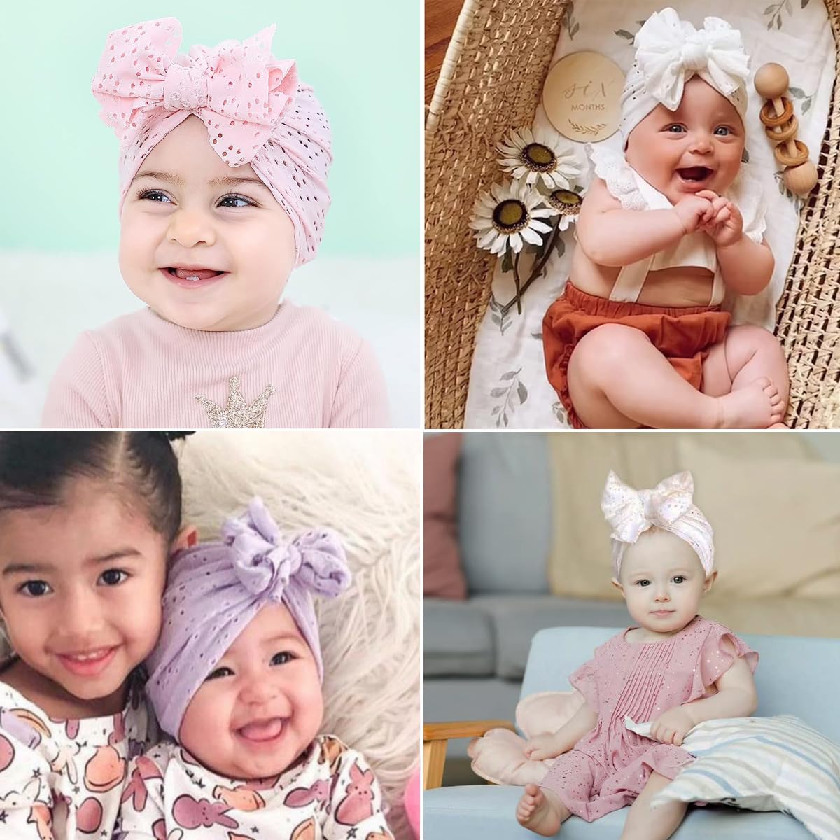 PALAY 3 Pack Turban Cap for Baby Girl, Soft Stretchy Newborns Hat, Knotted Big Bow Headband for Baby 3-18 Months, Cute Breathable Infant Headwrap Shower Gift