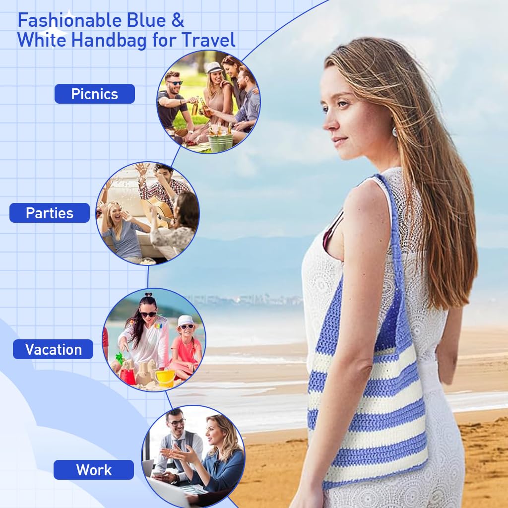 HASTHIP DIY Crochet Bag Material Kit Beginners Blue White Stripy Fashion Crochet Tote Bag Material Kit with Yarn, Crochet Hook, Tools & Accessories, Tutorial Video, DIY Crochet Kit for Adult