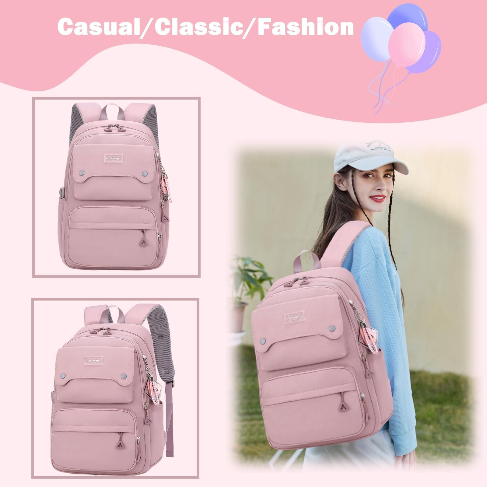 PALAY Fashion Backpack Student Shoulder Backpack Fashion Pink Travel Backpack Laptop Backpack Multi-pouches 26L Large Capacity School Backpack