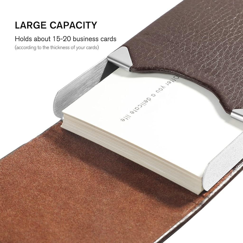 GUSTAVE Business Card Holder Metal Visiting Card Case Classy Card Holder for Women & Men PU Leather Wallet Card Case with Metal Magnetic Clasp, 20 Cards (6x9.5cm) - Coffee Brown