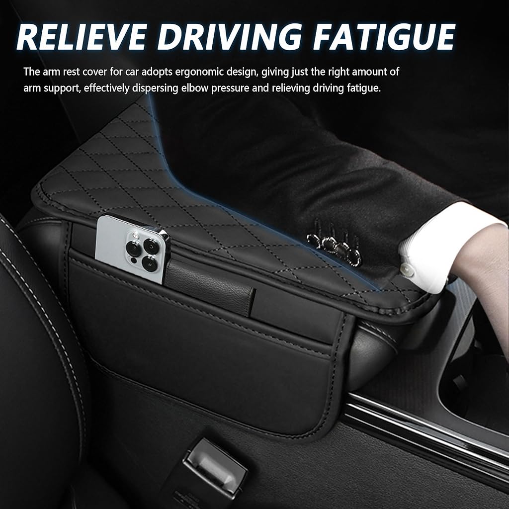 STHIRA® 3 Pack Center Console Armrest for Car Premium Pu Leather Ergonomic Comfort Car Arm Rest with 2 Mobile Pockets Easy Install Stylish Stitching Car Hand Rest Universal Fit for Suv Truck Car