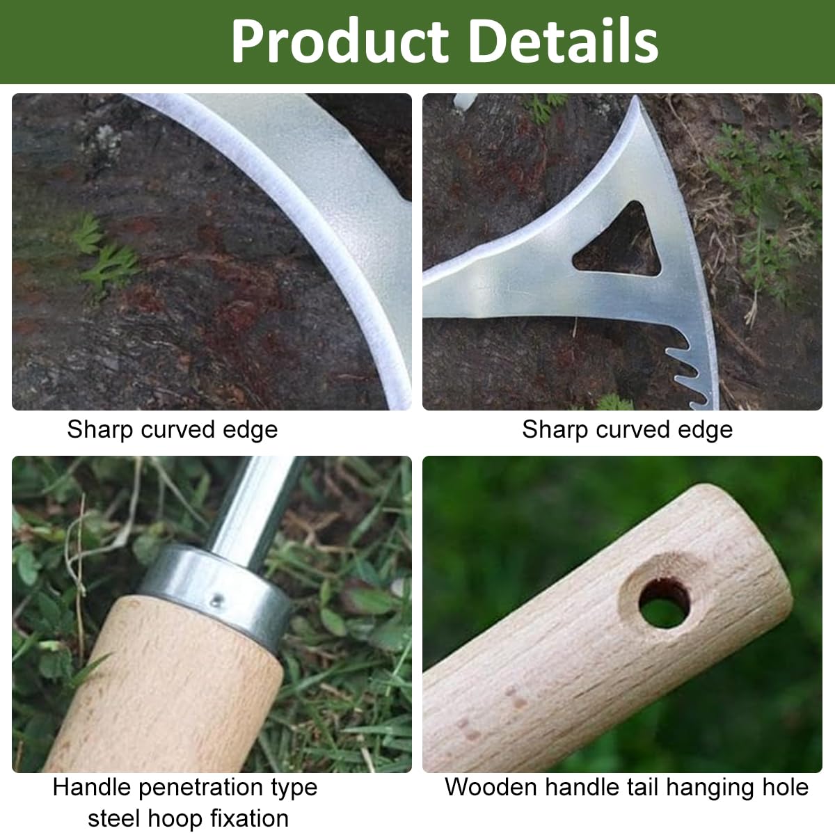 HASTHIP Gardening Hand Weeder 2 In 1 Crack Weeder Sickle Tool Stainless Steel Weeder Utility Pointy Crack Weeder Tool Wooden Handle Sickle-shaped Serrated Blade Weeder Tool Gardening Tool