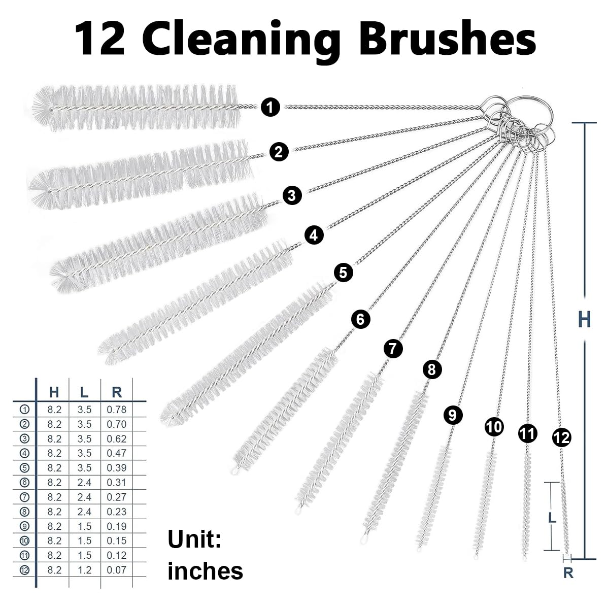 HASTHIP 12pcs Straw Cleaner Brushes, 8 Inch Tube Cleaning Brush and Nylon Pipe Brush Kit for Sippy Cup, Tumbler, Water Bottle, Drinking Straw, White