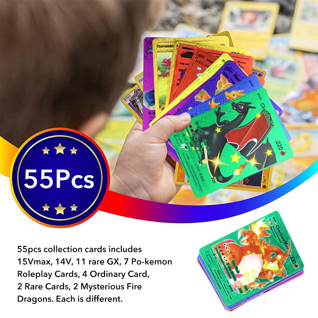 PATPAT Poke-mon Cards 55 Pcs Poke-mon Golden Cards Foil Game Card 15Vmax, 14V, 11 Rare GX, 7 Pika-chu Roleplay Cards, 4 Ordinary Card, 2 Rare Cards, 2 Mysterious Fire Dragons with Box, Unofficial