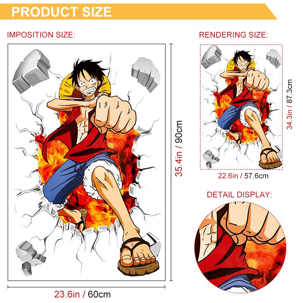HASTHIP 1 Sheet 3D Wall Paper Sticker Anime Onepiece Monkey D Luffy 3D Wall Paper Self Adhesive PVC Wall Paper Removable Cartoon 3D Wall Paper for Kids Room, Bed Room, Living Room, 19.6 x27.5 inches