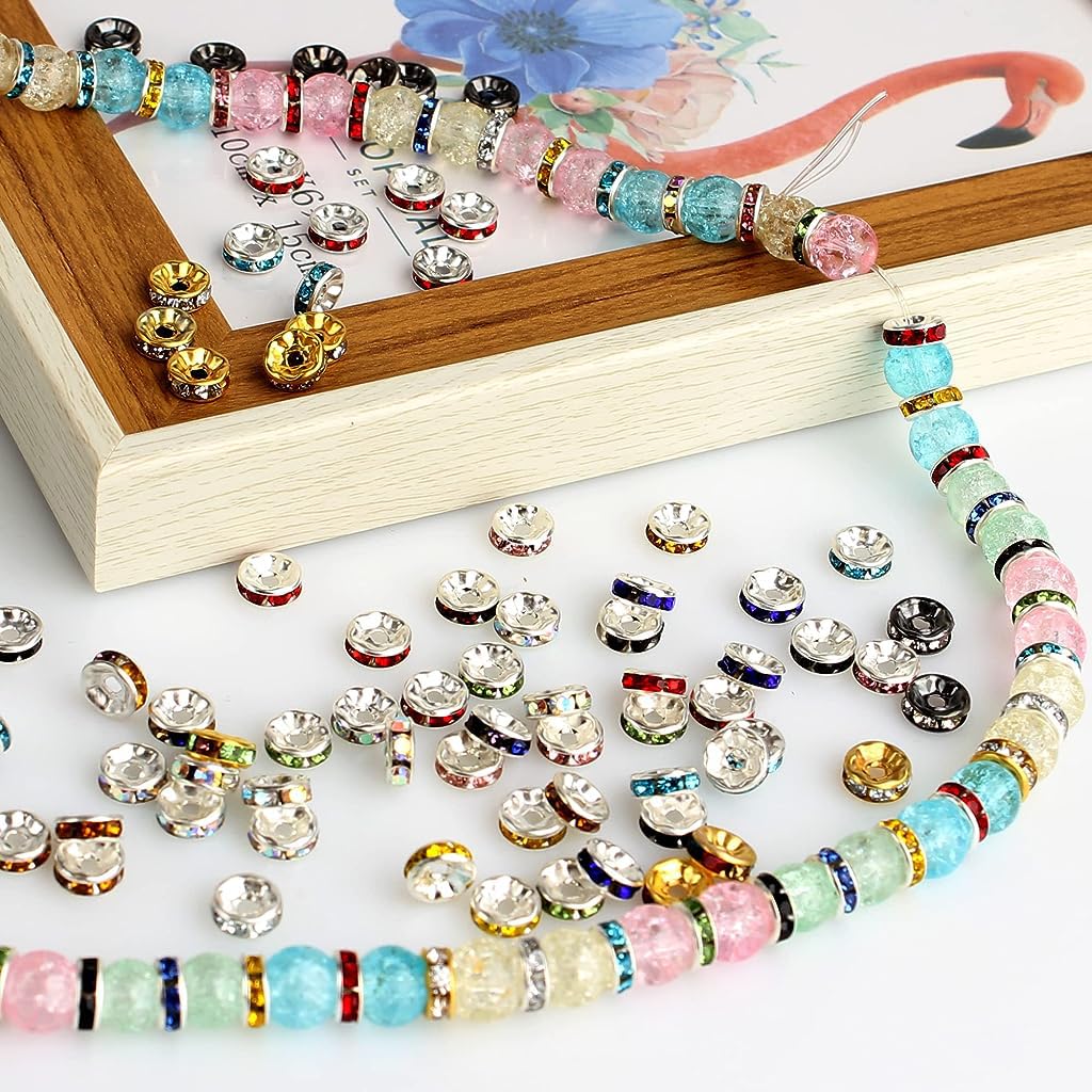SANNIDHI 600pcs Crystal Beads for Jewellery Making 8mm Plated Rhinestone Spacer Beads 10-Color Sparkling Rondelle Bracelet Beads for Craft DIY Necklace Jewelry