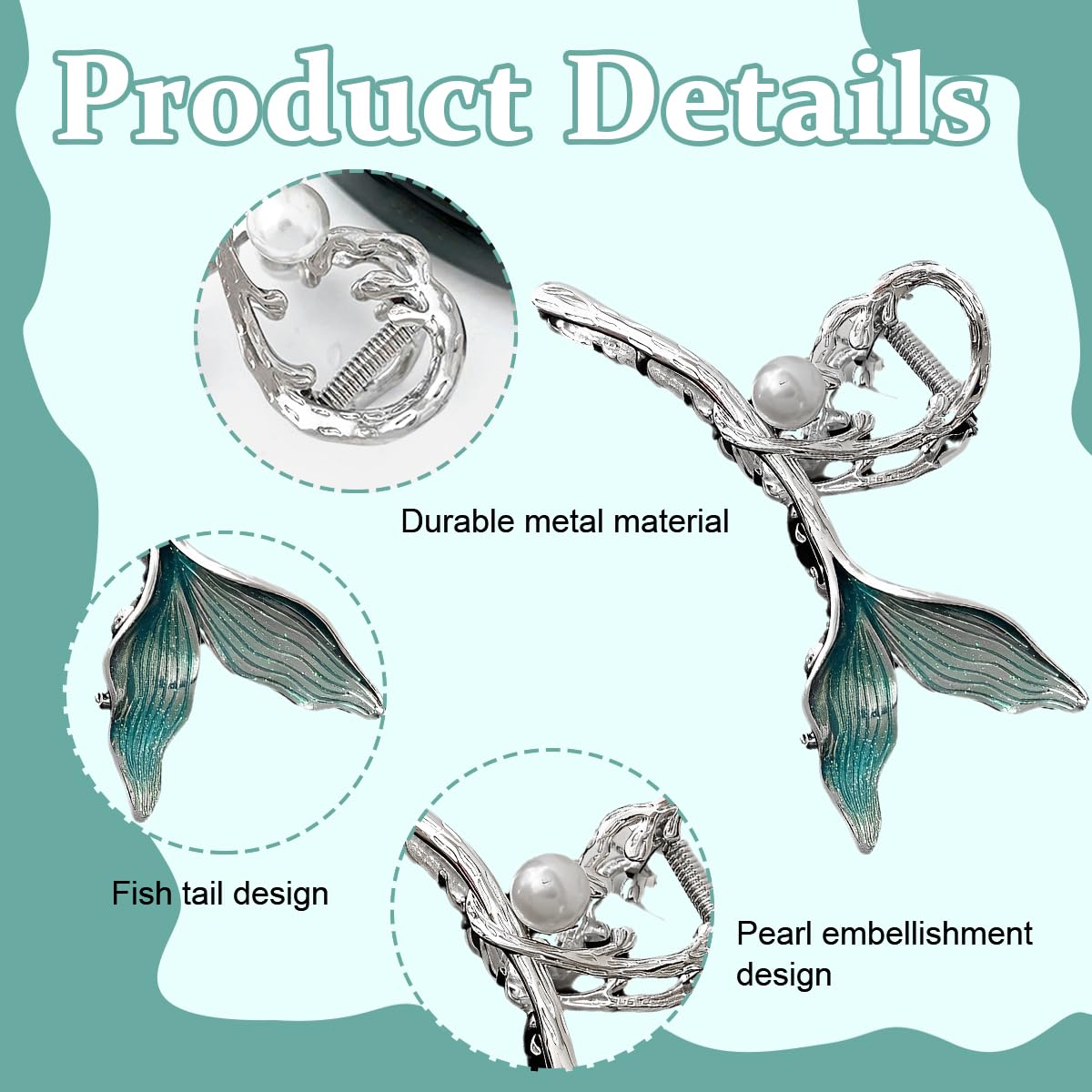 PALAY Hair Claw Clip for Women Stylish Large Mermaid Pearl Hair Clutches Women Non-Slip Metal Hair Jaw Clips Strong Hold Bun Hair Accessories - Silver