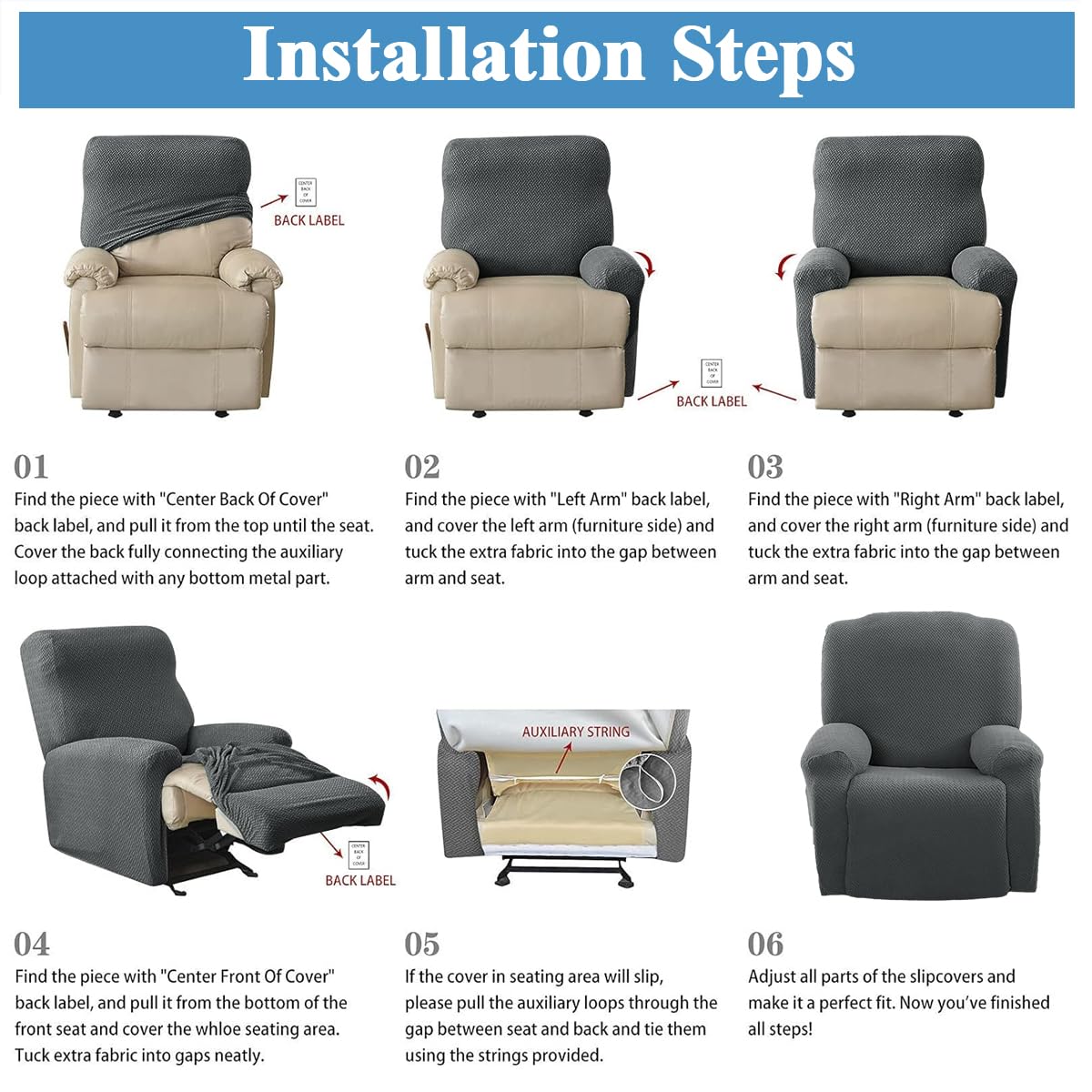 HASTHIP 4Pcs Recliner Chair Cover, Stretch Recliner Slipcover Latest Jacquard Chair Cover for Recliner Chair Soft Reclining Chair Slipcover Jacquard Pattern Furniture Protector