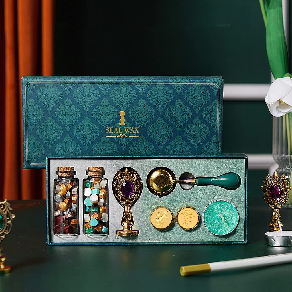 HASTHIP Wax Seal Stamp Kit with Three Art Stamp, Sealing Wax Beads,Candles,Wax Melting Spoon, Fine Gift Packing