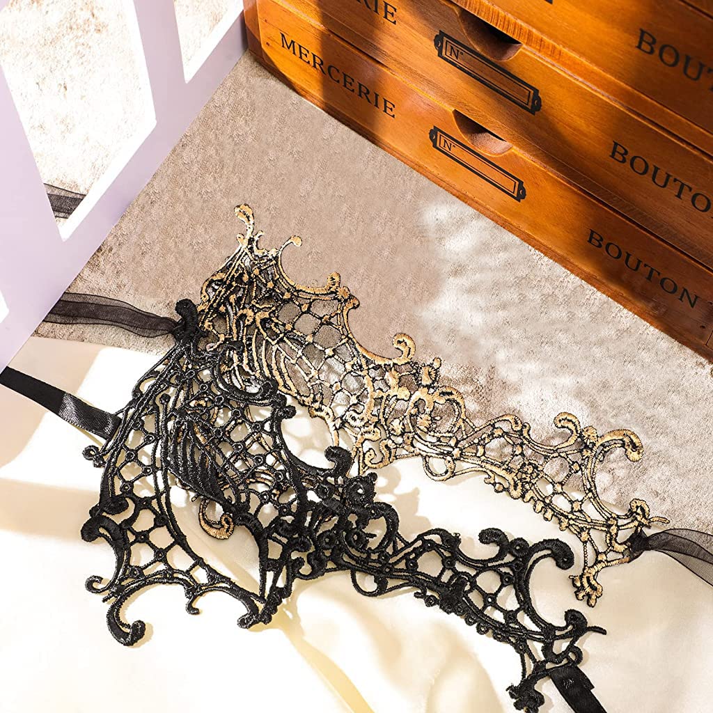 PATPAT 2Pcs Masquerade Masks Lace Eye Mask, Women Halloween Mask Lady Girl Party Mask for Party Masquerade Costume Halloween (Black & Gold)