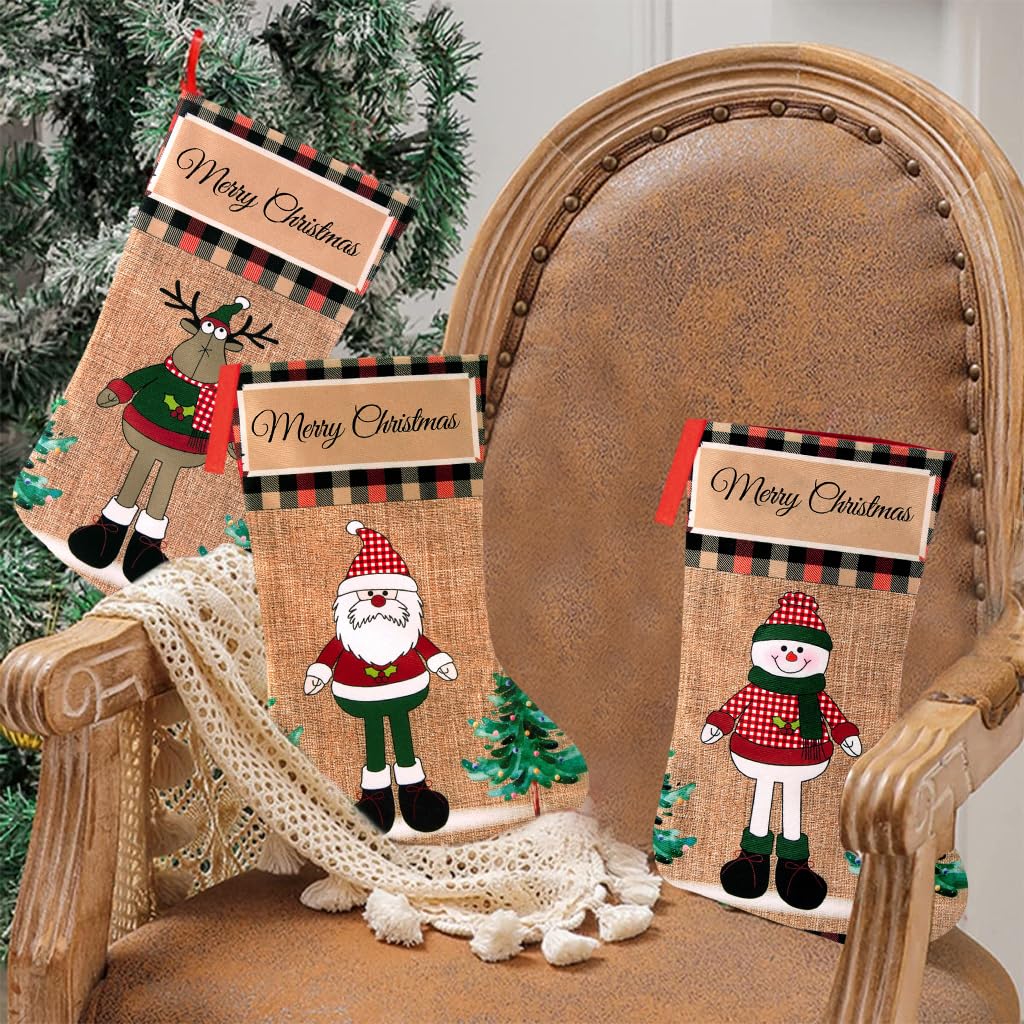 HASTHIP 3pcs Christmas Stocking 16 inch Linen Print Christmas Gift Stocking Hanging Christmas Stockings Gift Christmas Stocking Christmas Stocking for Window, Christmas Tree, Door, Christmas Party