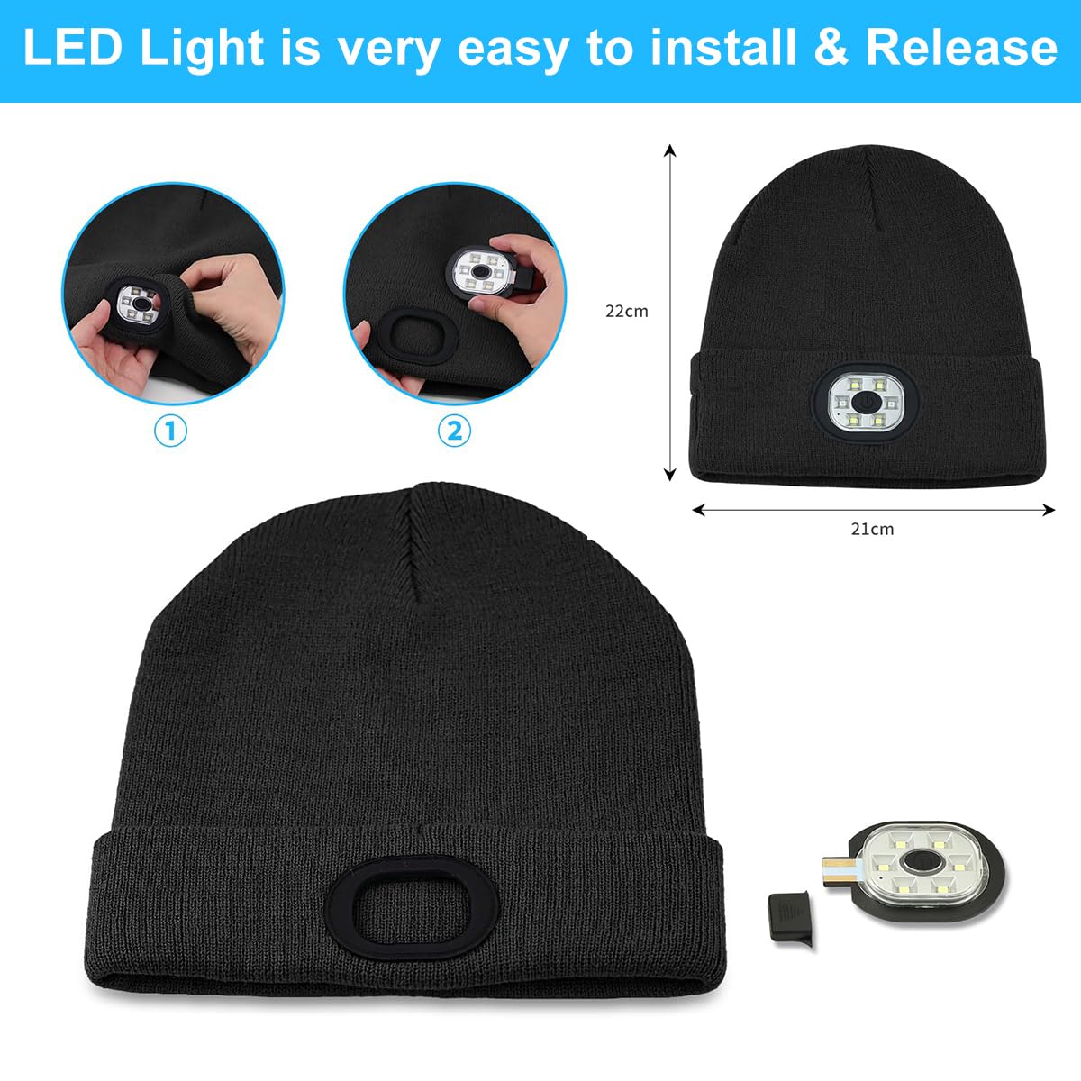 GUSTAVE Winter Cap for Men Women Illuminated Beanie Cap with Forehead Lamp USB Rechargeable Winter Soft Fleece Knitted Cap for Riding, Night Running, Black