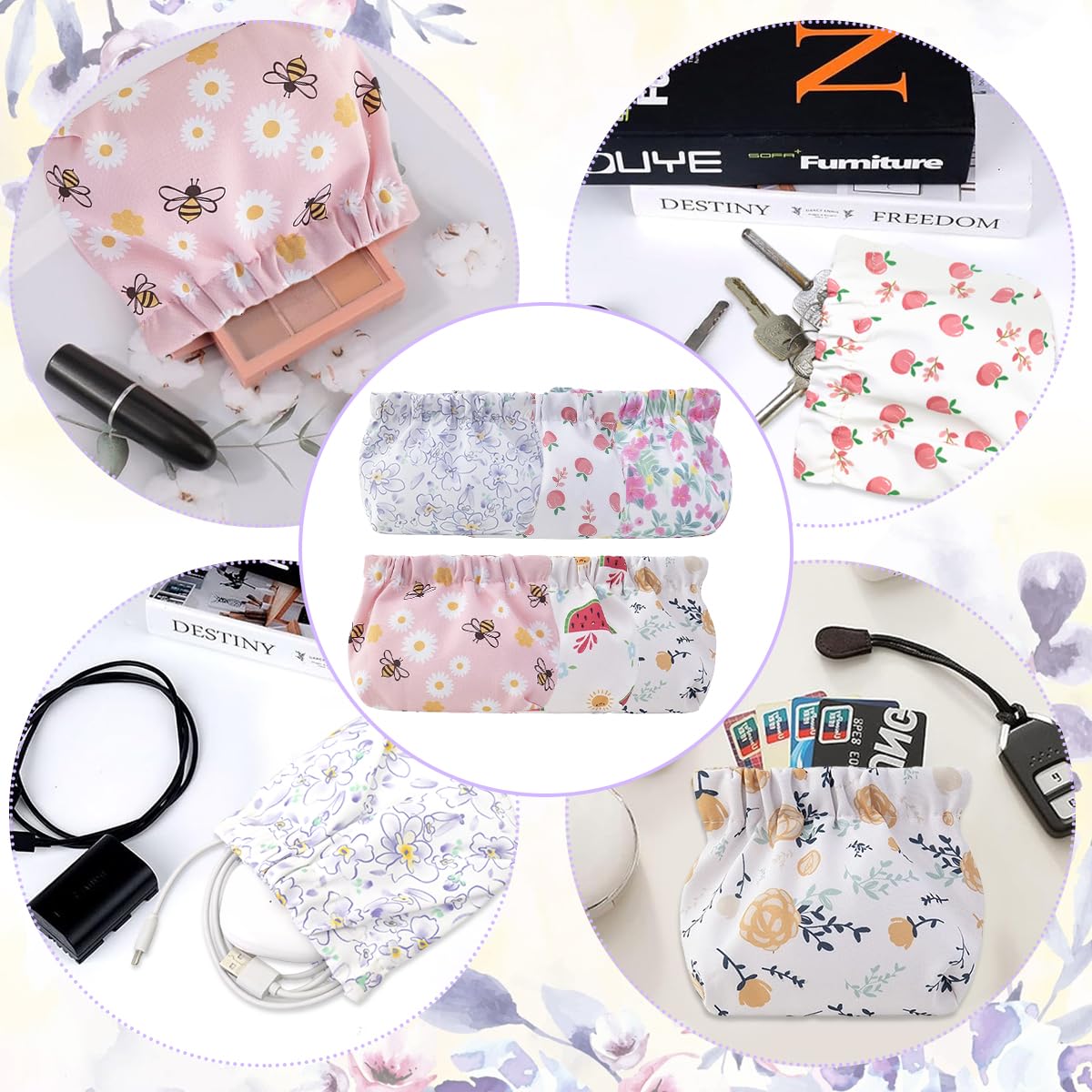 MAYCREATE 6pcs Small Makeup Pouches for Women, Flower Print Lipstick Makeup Pouch, Cute Coin Purse, Aesthetic Pocket Travel Cosmetic Bag Storage Organizer for Makeup Tools, Accessories