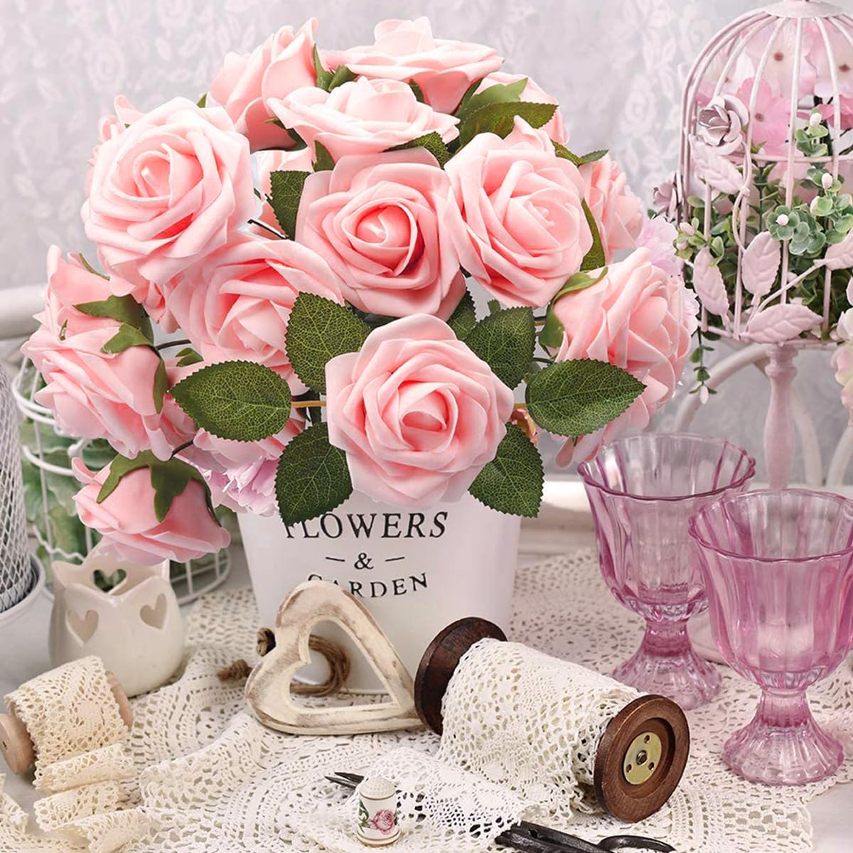 HASTHIP 25pcs Roses Artificial Flowers Box Set, Foam Pink Fake Roses with Stems for DIY Wedding Bouquets Centerpieces Arrangements Party Baby Shower Home Decorations