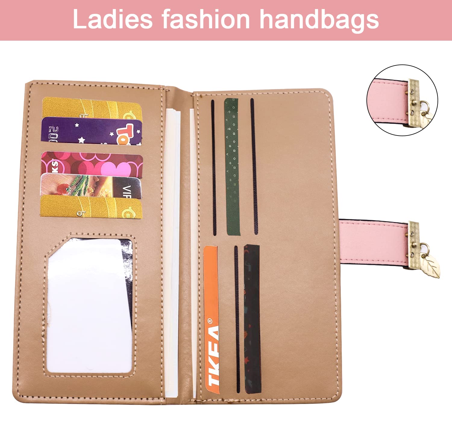 SANNIDHI Women's Leather Wallet Hollow Leaf Pattern Bifold Long Wallet (Pink)