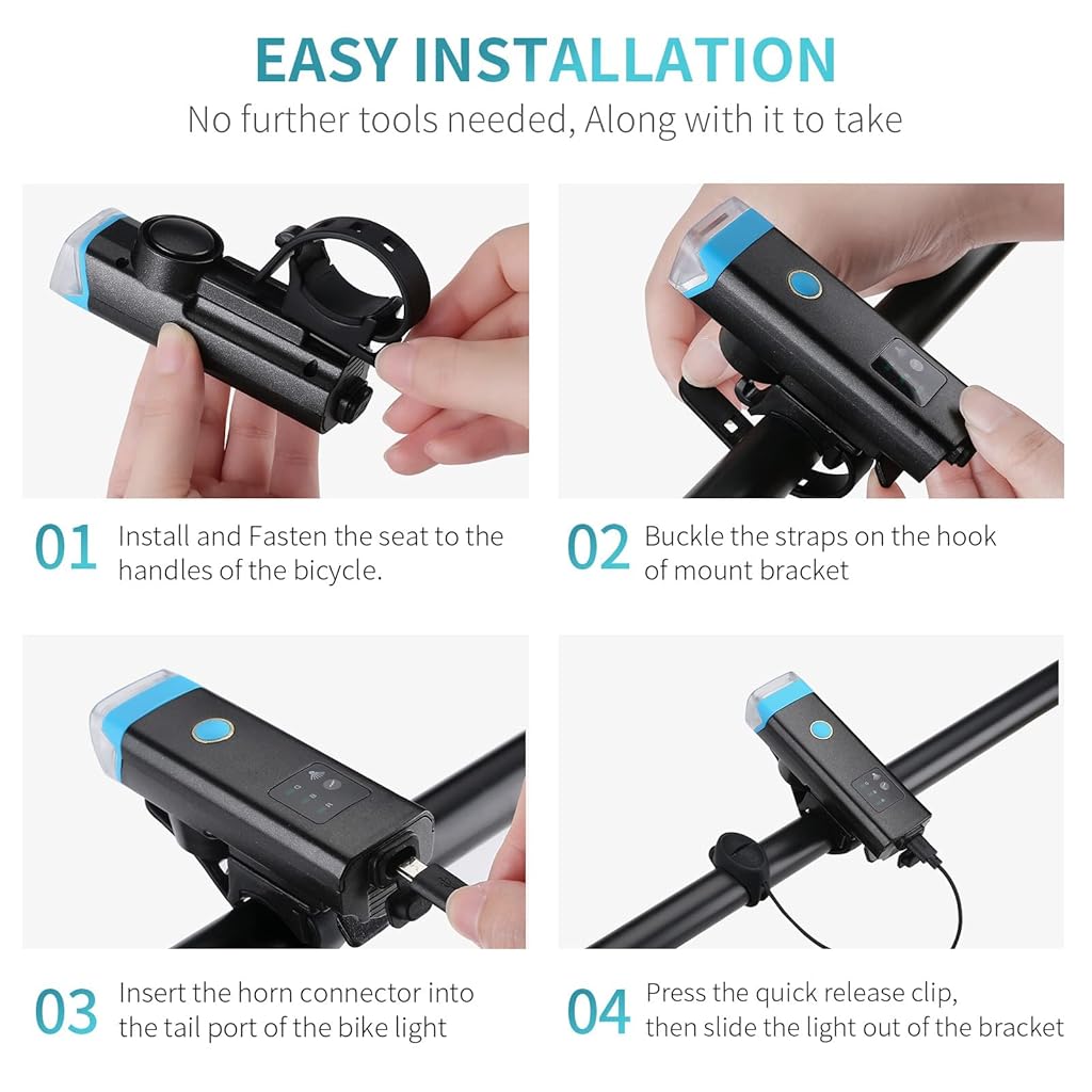 Proberos USB Rechargeable 2400 mAh Cycle Light and Horn with 120BD Cycle Headlight 4 Light Modes Waterproof Bicycle Light 350LM Highlight Intelligent Induction