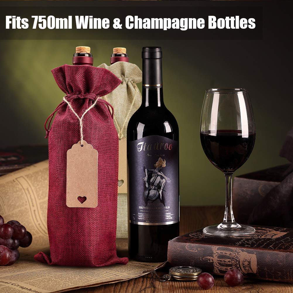 HASTHIP 12 Pcs Burlap Wine Bags Wine Gift Bags, 5.9 X 13.78 inches Wine Bottle Bags with Drawstrings, Tags & Ropes for Birthday, Travel, Holiday Party, Housewarming,Wedding, Home Storage