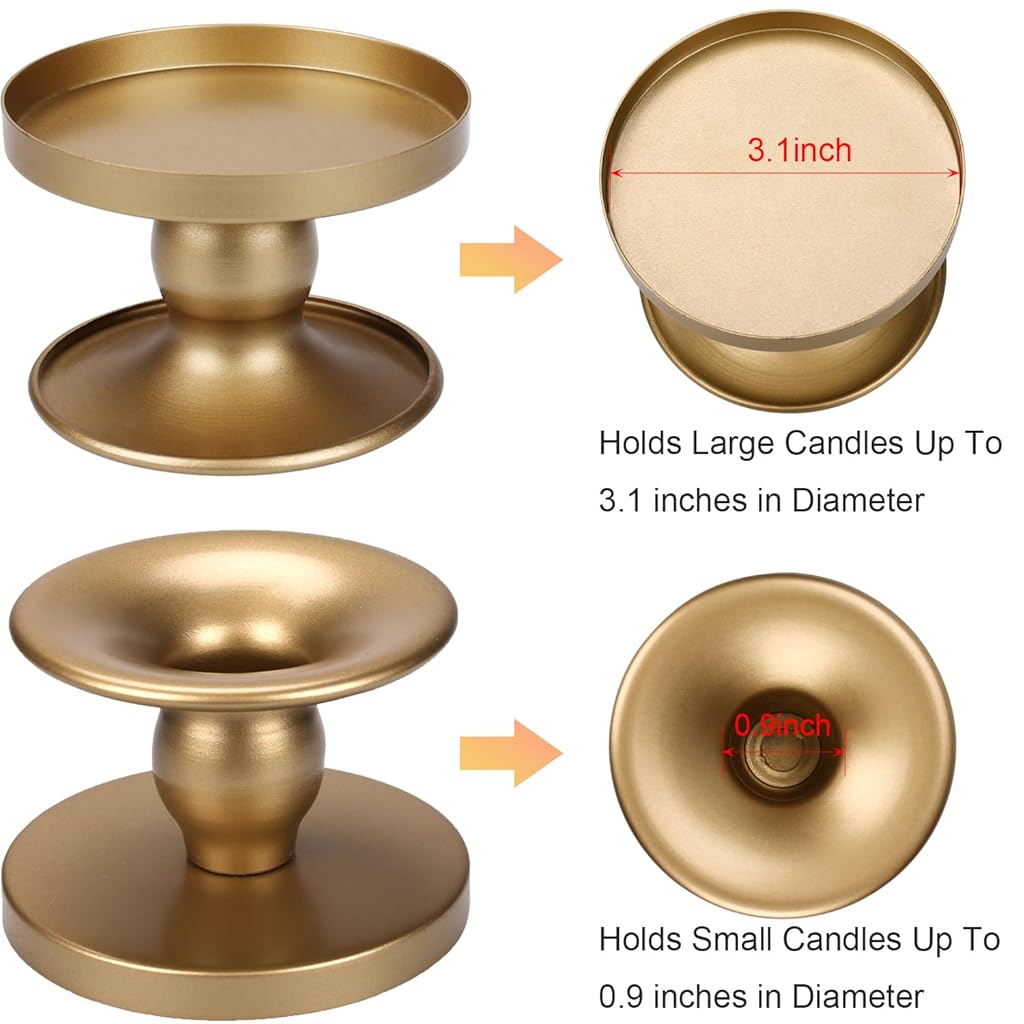 HASTHIP® 2 pcs Gold Candle Holders Metal Candle Stand for Pillar & Taper Candles Stylish Tabletop Candle Tray for Home Decor, Weddings & Special Occasions