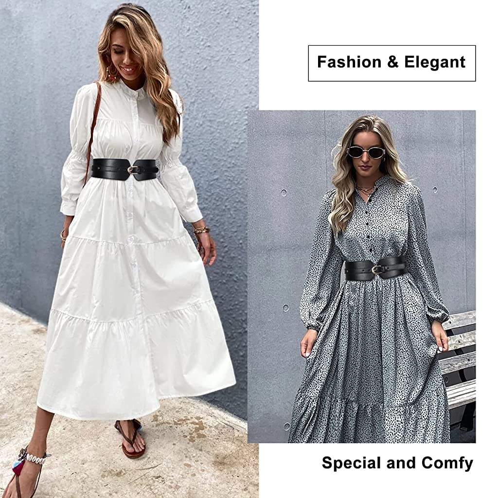 PALAY Black Belt for Women Dress Stretchy Fashion PU Leather Wide Waist Belt Vintage Metal Buckle Women Belts for Dress Blouse Blazer -Fit Waist 23-33