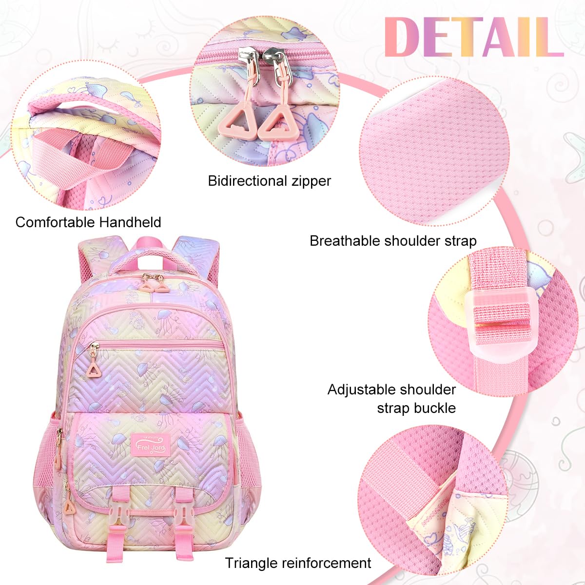 PALAY Girls Backpack, School Backpack for Girls, Multi Compartment School Girls Backpack Cartoon Schoolgirls Backpack Jellyfish Print Girls Bookbag School Backpack School Gift Birthday Gift for Girls