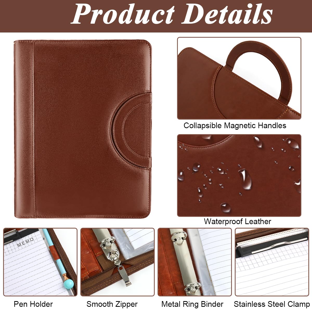 Climberty A4 PU Leather Portfolio Binder Handbag - Waterproof Portfolio Binder with Multi Card Holder Clipboard & Zipper, Stylish Business Travel Document Organizer, 24x34 cm
