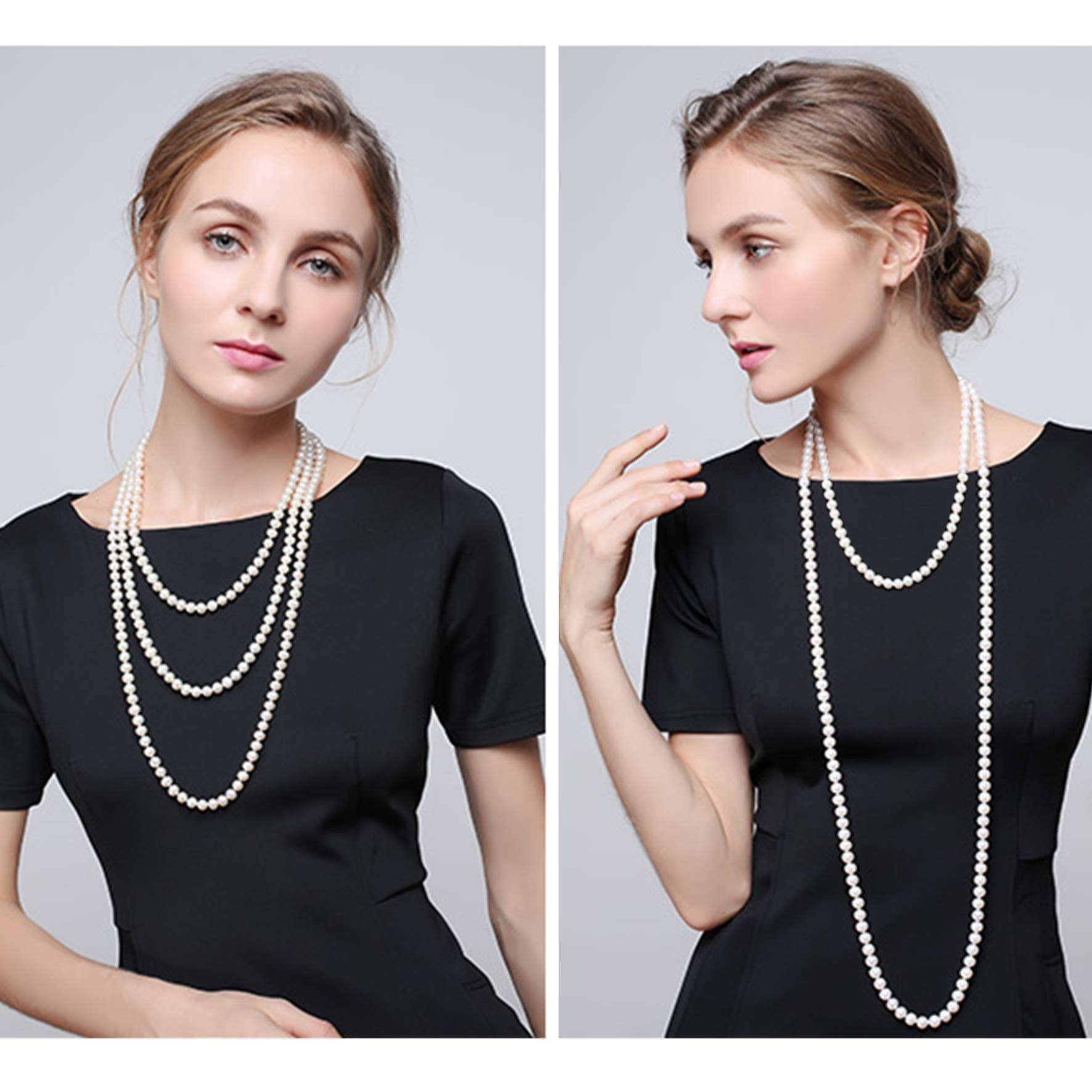 SANNIDHI Pearl Necklace for Women Girls 3 Layer 59inch Long Choker Cream White Faux Pearls Strand Necklace Fashion Elegant Jewelry