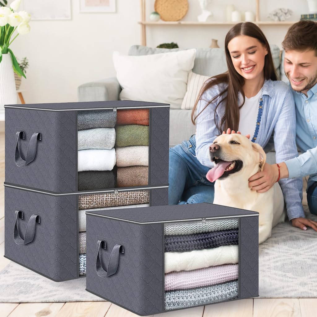 HASTHIP 3 Packs Large Storage Bags, Clothes Storage Bins Foldable Closet Organizers Storage Containers with Lids and Handle for Clothing, Blanket, Comforters, Bed Sheets, Pillows