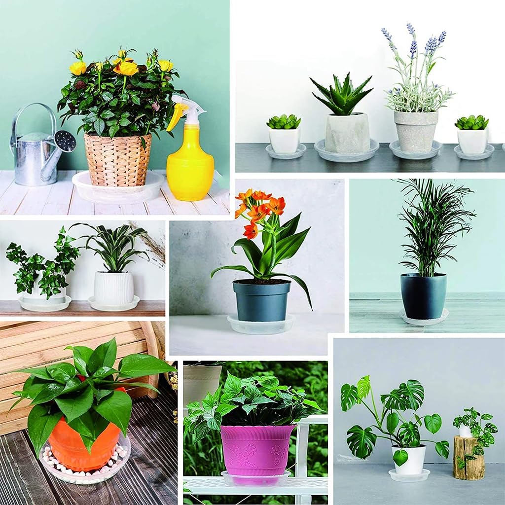 HASTHIP 12pcs Plant Plates for Pots with Grooves, 4 Sizes Pots Drainage Tray for Plants, Reusable Round Plastic Plates for Plant Pots (6.7''/8.9''/9.8'')