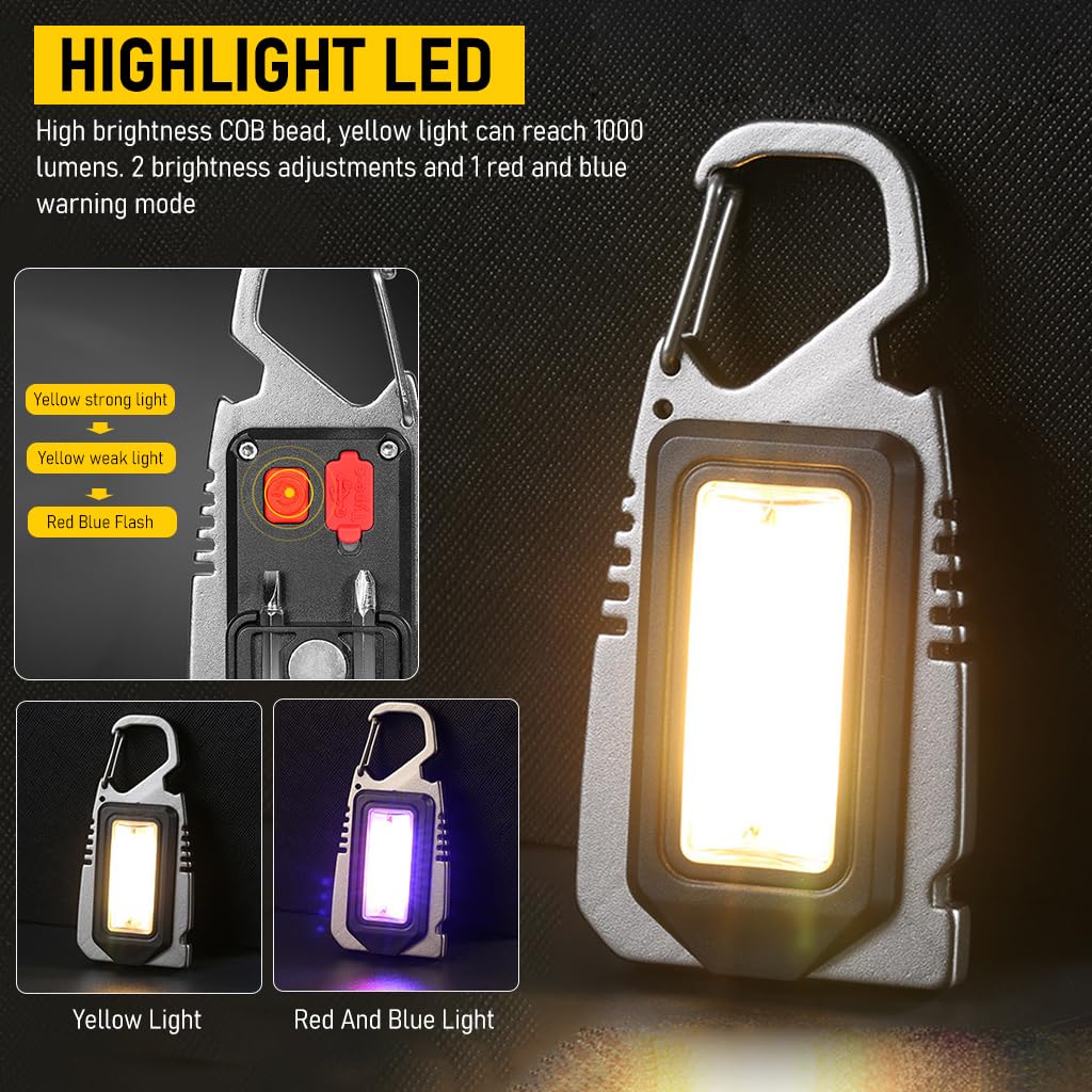 ELEPHANTBOAT 4 in 1 USB Rechargeble Keychain LED Flashlight 1000Lumens Yellow Light LED Magnet Mini Flashlight with Screwdrivers, Whistle, Multitool for Outdoor, Emergency, Night Walking