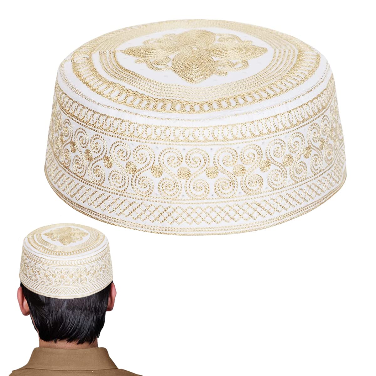 GUSTAVE Muslim Cap for Men Muslim Top Hat Traditional Worship Hat Embroidered Muslim Cap for Men, Size M, Beige