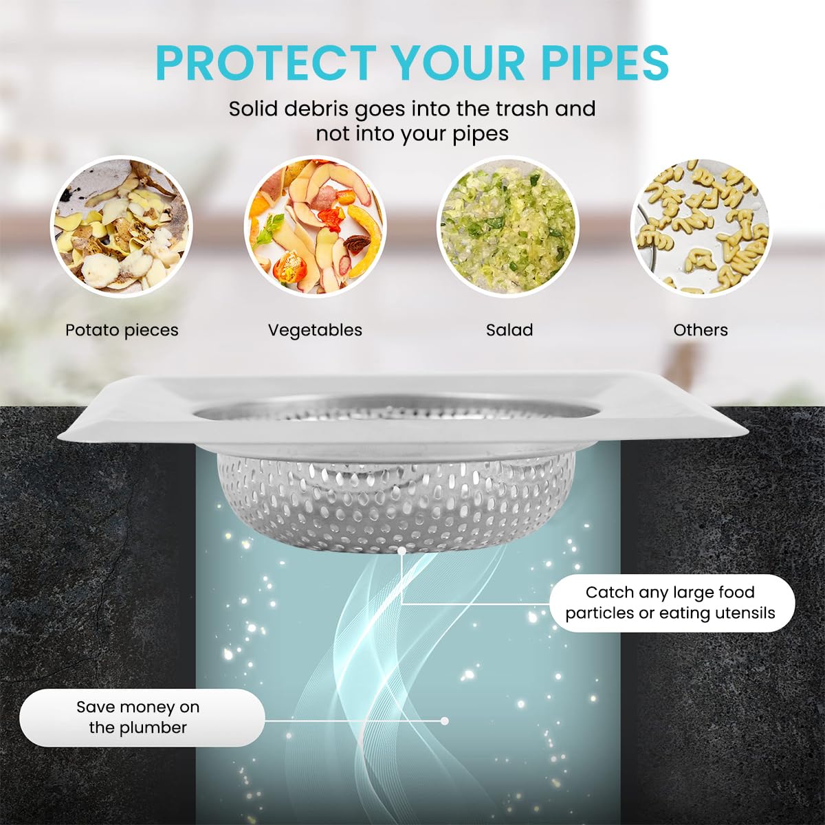 HASTHIP 2Pcs Square Stainless Steel Kitchen Strainer, Drain Filter, Wide Rim Anti Clogging Mesh Drain Filter Vegetable Hair Catcher Drain Cover, 4.3 inches Diameter (Silver)