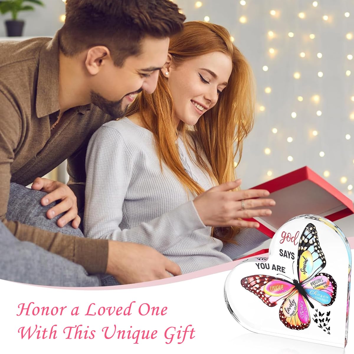 HASTHIP Inspirational Heart-Shaped Christian Desk Decor - Acrylic Butterfly Ornament with Uplifting Affirmations, Butterfly Inspirational Gifts for Friends, Religious Spiritual Gifts for Mom Girl