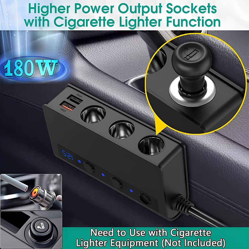 STHIRA Car Charger, 180W 3-Stocket Cigarette Lighter Splitter with 4 USB Ports 12V/24V Cigarette Lighter Adapter with Separate Switch Voltage Monitor & Replaceable Fuse for GPS/Dash Cam/Phone