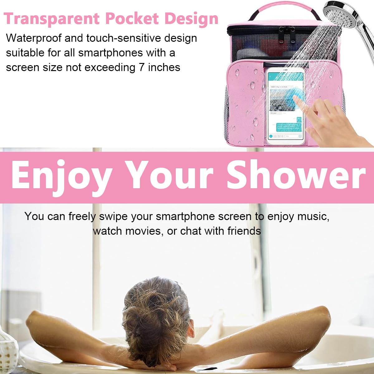 MAYCREATE Shower Bag, Portable Travel Shower Caddy Mesh Tote Bag with Phone Holder, Hanging Full Size Bottle Compatible Toiletry Bag, Pink