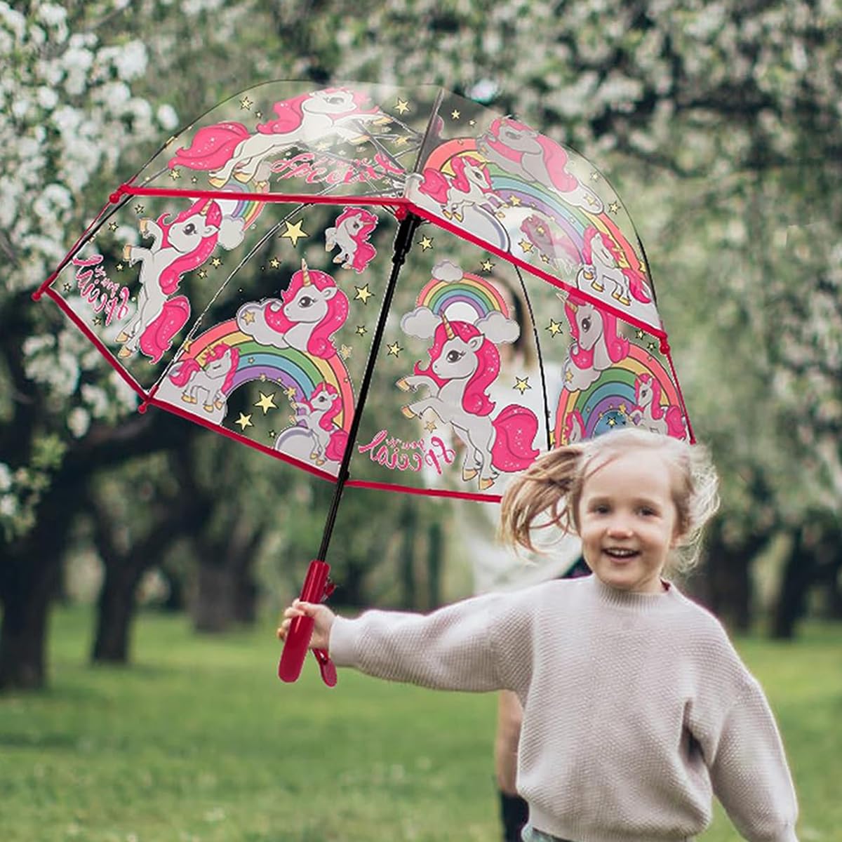 PATPAT Umbrella for Kids Rain Umbrella Cartoon Unicorn Transparent Kids Umbrella for Girls 5-6 Years Old, Windproof Waterproof Princess Dome Bubble Shape, Girls Umbrella with Grip Handle for Children