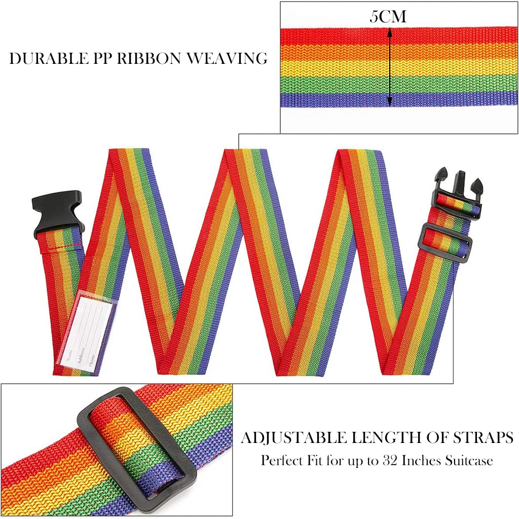 PALAY 2pc Luggage Straps, Adjustable Suitcase Belts, Heavy Duty Non-Slip Travel Luggage Straps with Boarding Pass, Quick-Release Luggage Straps Buckle Travel Accessories Bag Straps (Rainbow)