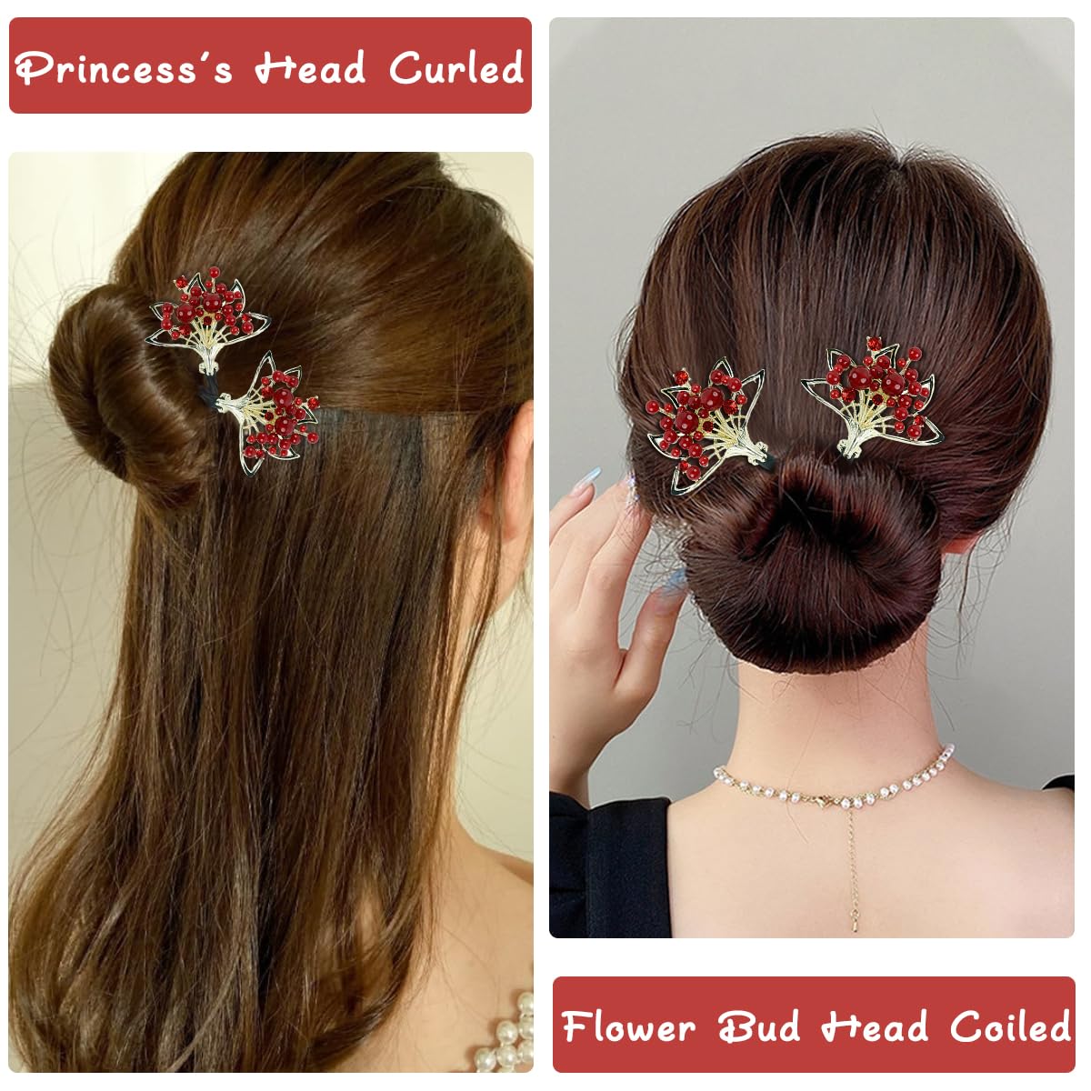 PALAY Hair Bun Accessories for Women Red Pearl Easy Hair Bun Maker for Hair Metal Bun Clips for Hair Stylish Flower Twist Bun Shaper for Women Ladies Daily, Party, Wedding