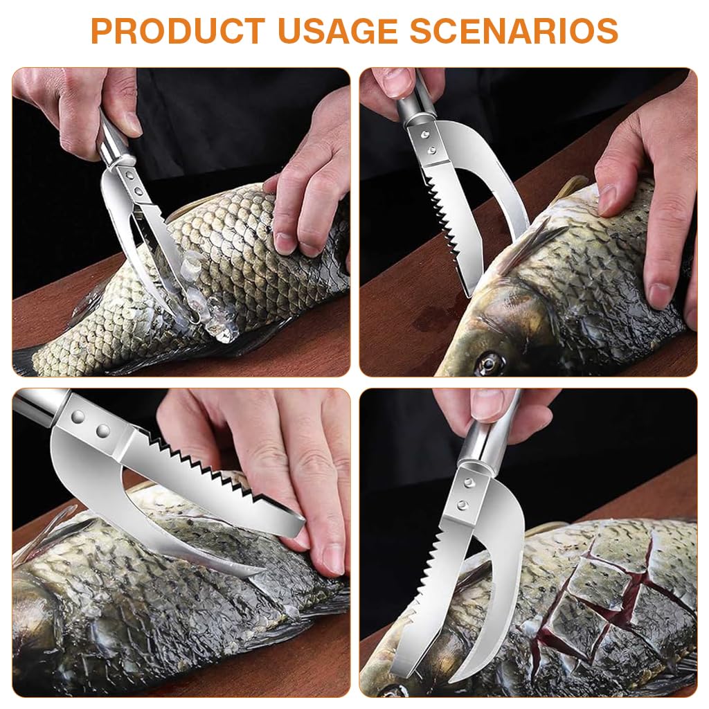 HASTHIP 2 in 1 Fish Scaler Cutter Full Stainless Steel Serrated Kitchen Fish Scaler Cutter for Open & Scraping Fish Belly Kitchen Fish Fillet Cutter Kitchen Fish Scaler Tool