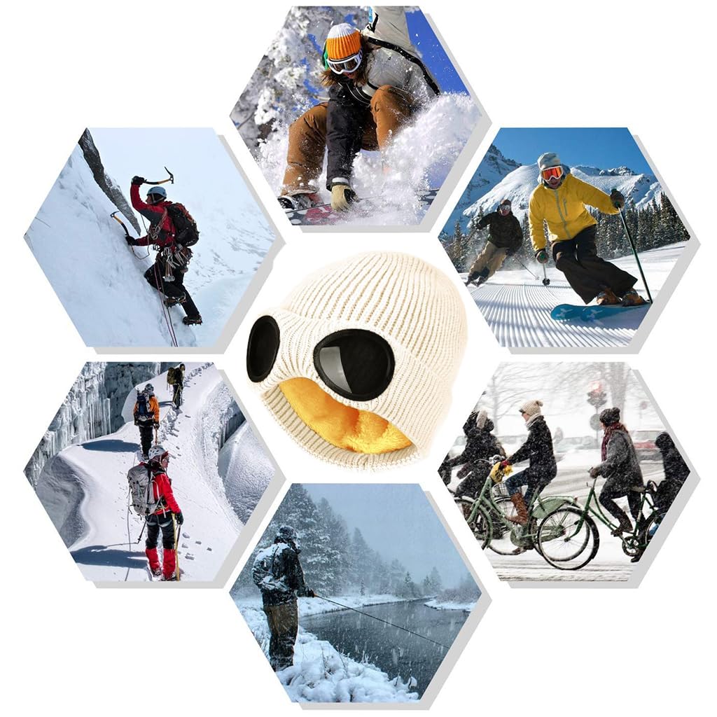 PALAY Winter Hat Knitted Beanie Warm Hat Fashion Goggles Lens Knitted Cap Creative Couple (Beige)