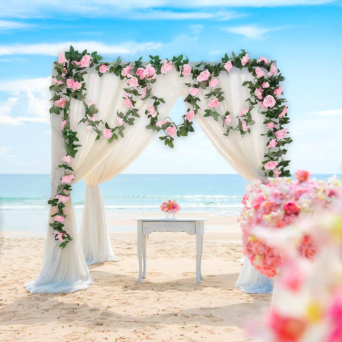 HASTHIP Artificial Rose Flowers Vine Garland, 1.8m Fake Artificial Flower Hanging Rose Ivy Flowers Garland Ornament for Door, Room, Garden, Wedding Decroation, Pink