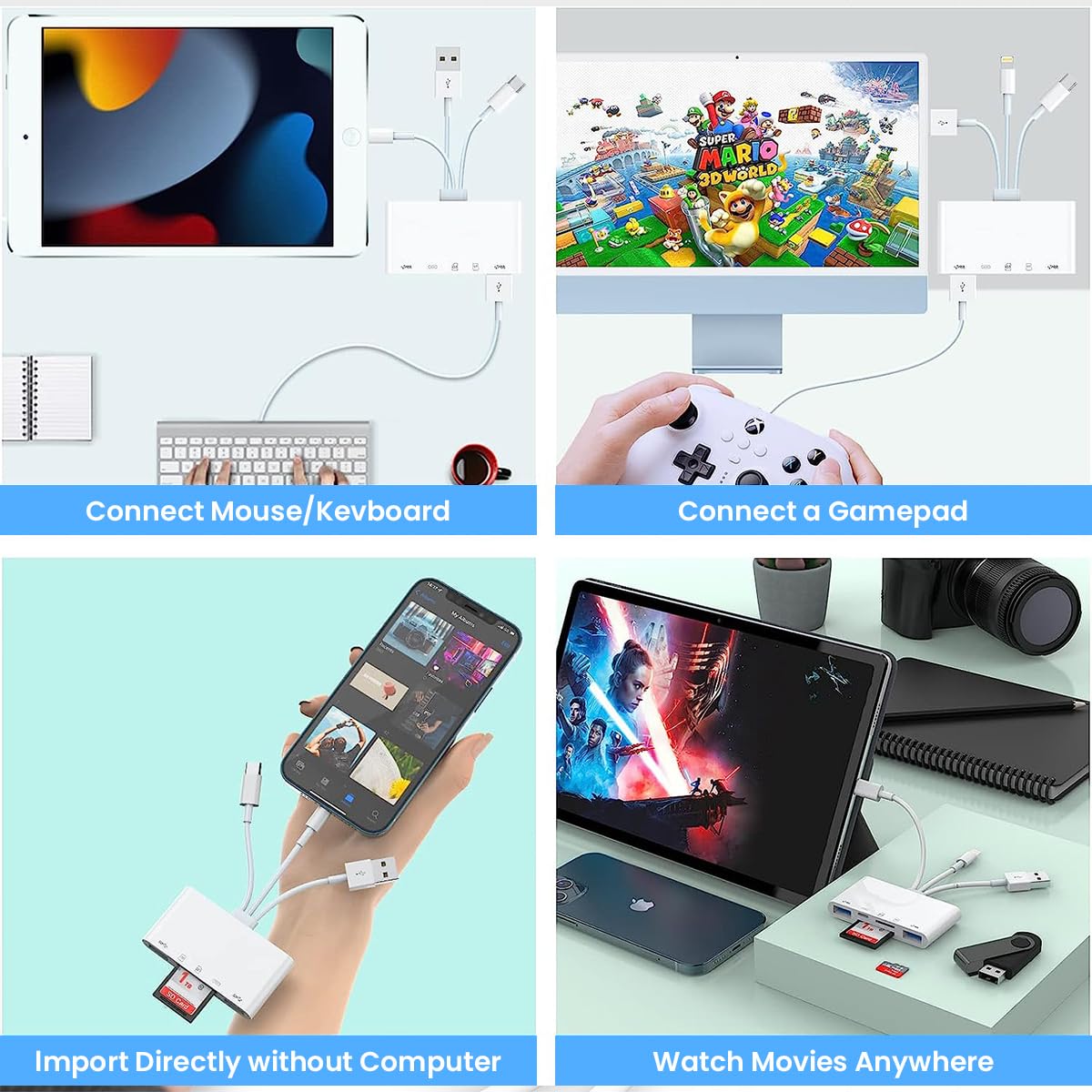 Verilux Card Reader 5 in 1 SD Card Reader Micro SD Card Reader with Light-ning Port and 2 USB3.0 Ports Memory Card Reader Support Charging and High Speed Transfer for iPhone, iPad, PC, Laptop