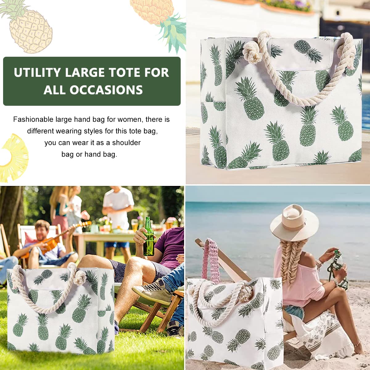 PALAY Large Beach Bag Tote Bag Print Women Beach Clothes Accessories Storage Bag Tote Bag Linen Rope Handle Zipper Closure Large Capacity Shoulder Bag for Travel