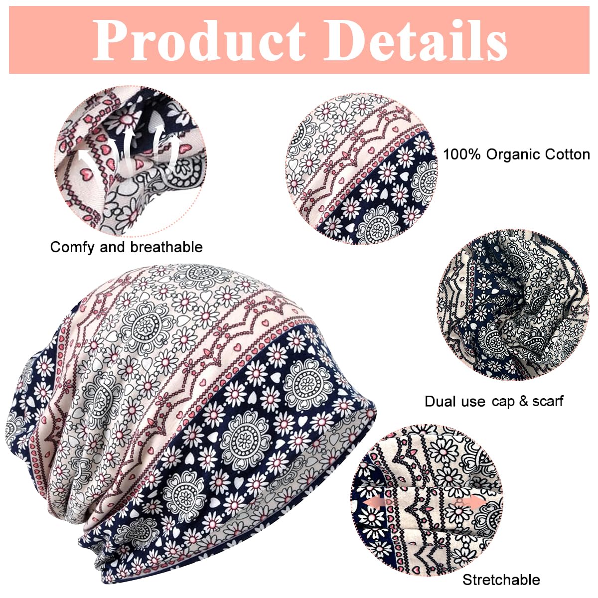 PALAY Beanie Cap for Women Head Scarf for Women, Slouchy Chemo Caps for Women Cotton Hijab Caps, Fashion Floral Print Head Scarves, Stretch Soft Hip-Hop Skull Dwarf Hats for Teen Girls