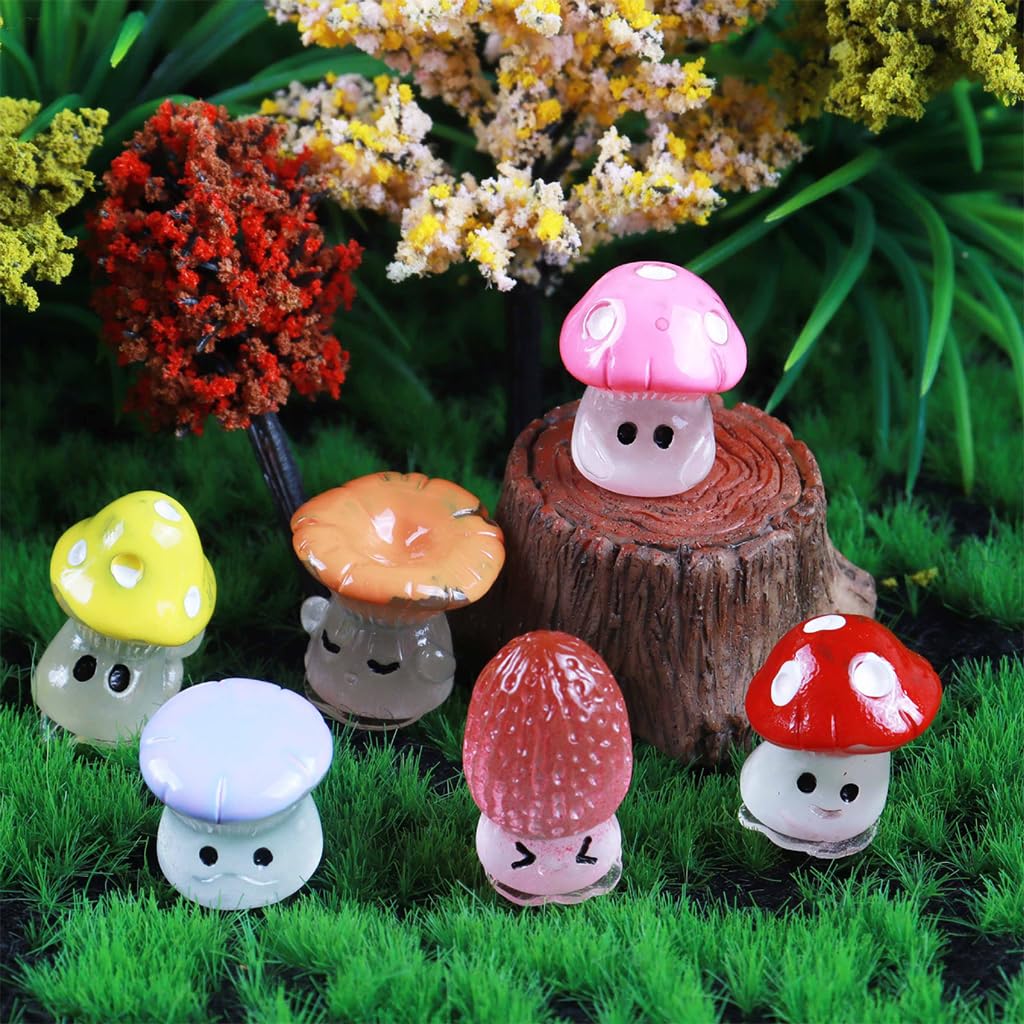 HASTHIP 6Pcs Mini Luminous Mushrooms Plant Miniature Moss Landscape Decorations Resin Miniature Decor for Moss Landscape, Garden Ornament, Flower Pots, Dollhouse Garden Decorations, 1.2x1.6cm