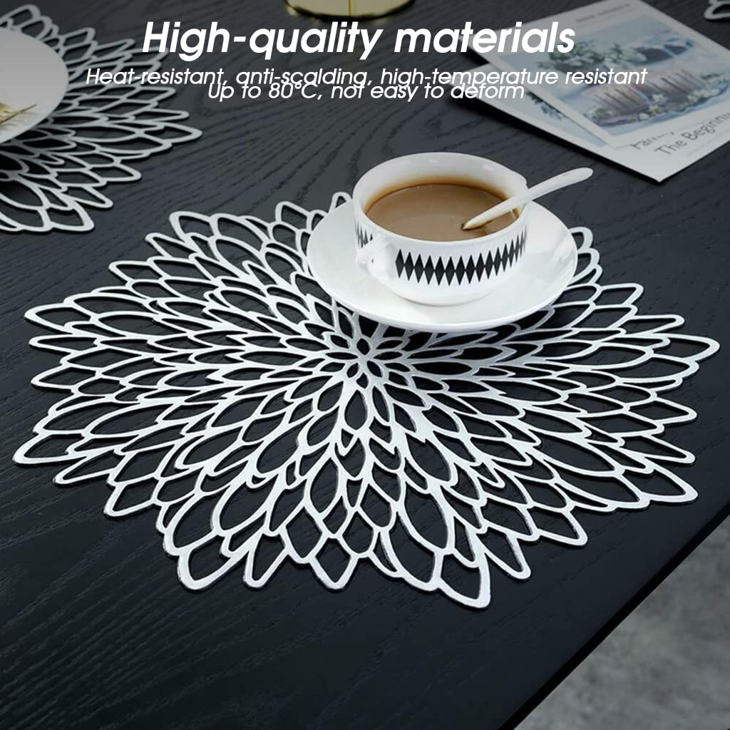 HASTHIP PVC Table Mat, Placemats Sets of 2, 15'' Round Leaf Place Mats, Cutwork Design Dining Table Mats, Washable Heat Resistant Vinyl Table Mats for Morden Kitchen Dining Table Wedding (Silver)