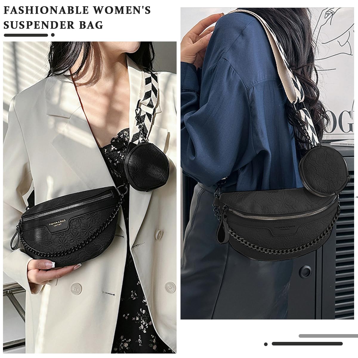 PALAY Women Sling Bag Coin Bag Combo Fashion PU Shoulder Bag for Women Chain Bag Wide Shoulder Strap Crossbody Bag Phone Bag Casual Style Women Bag for Daily, Black