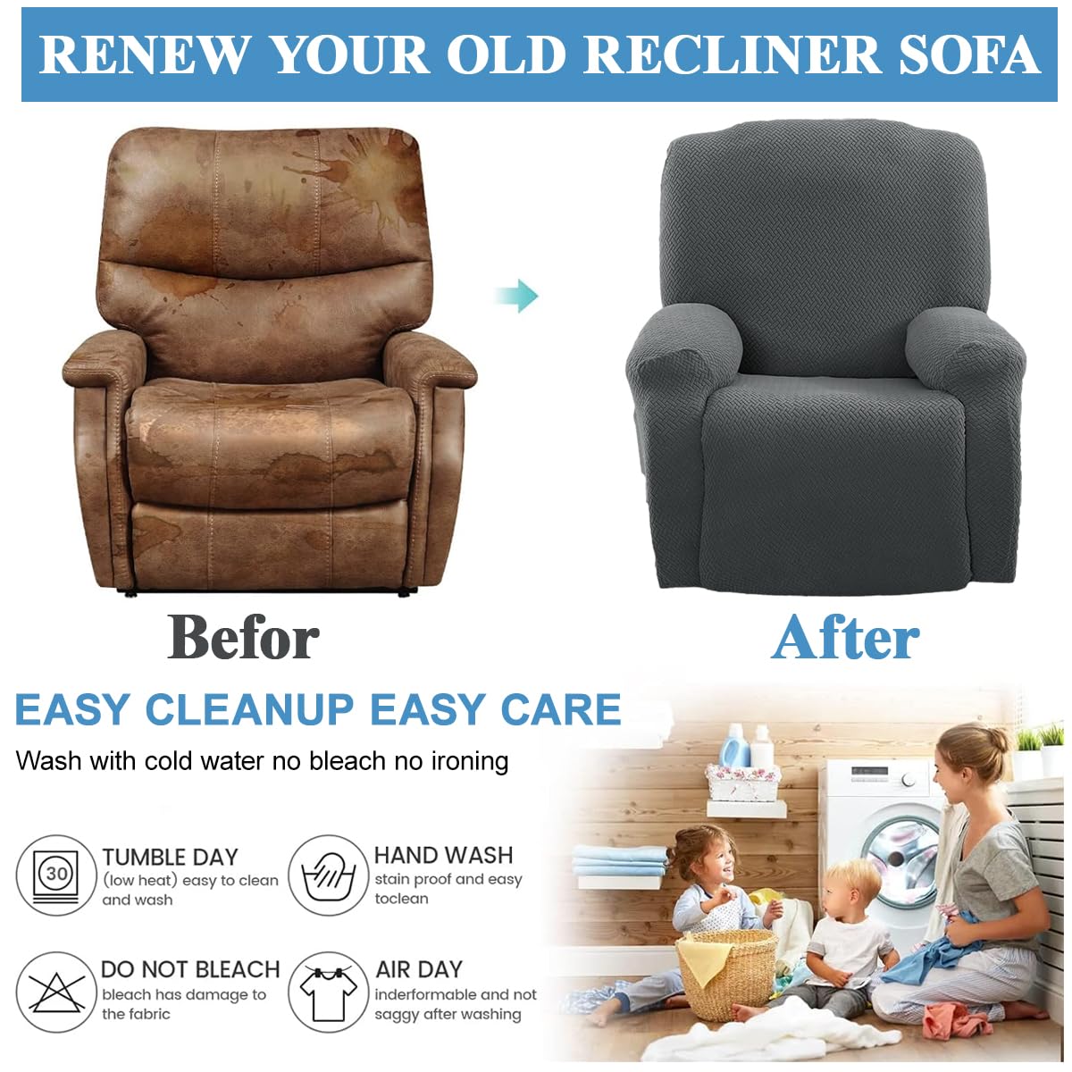 HASTHIP 4Pcs Recliner Chair Cover, Stretch Recliner Slipcover Latest Jacquard Chair Cover for Recliner Chair Soft Reclining Chair Slipcover Jacquard Pattern Furniture Protector