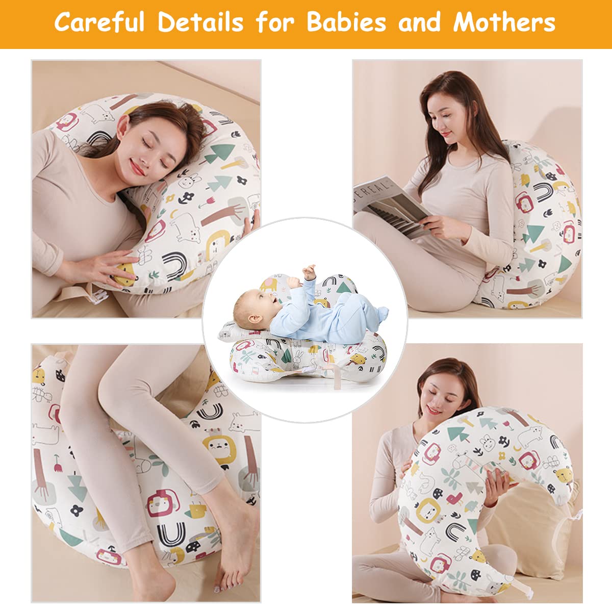 SNOWIE SOFT Baby Feeding Pillow for Breastfeeding, Nursing Pillow with Infant Support Cushion, Multi-Purpose Nursing Pad with Removable Neck Belt for Mom Baby Skin Friendly, Fabric, Polyester;Cotton