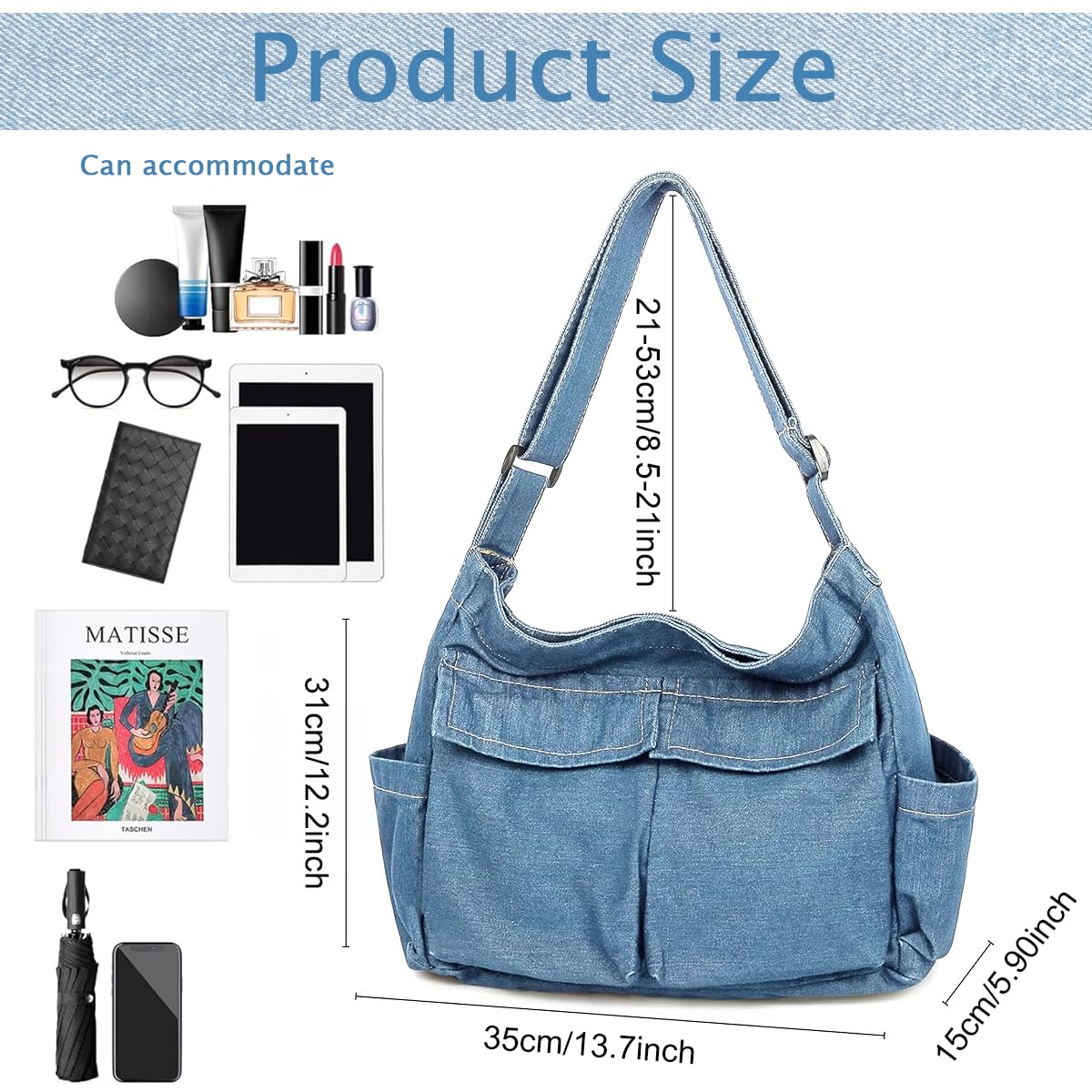 PALAY Canvas Shoulder Bags For Women, Large Capacity Solid Soft Denim Leisure Travel Bag Multiple Pockets Denim Crossbody Bag Denim Bags